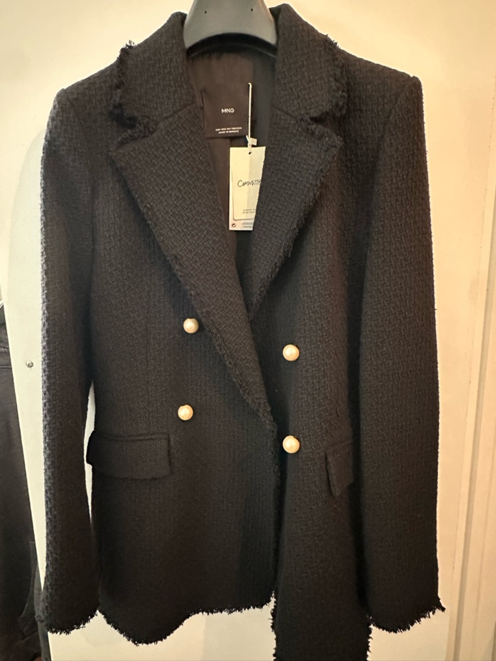 Mango Double Breasted Tweed Blazer with Pearl Buttons in size XS